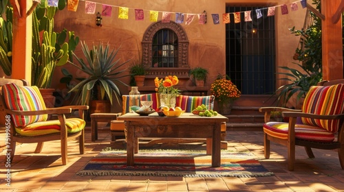 Festive Mexican Patio with Traditional Decor and Vibrant Textiles for Cinco de Mayo