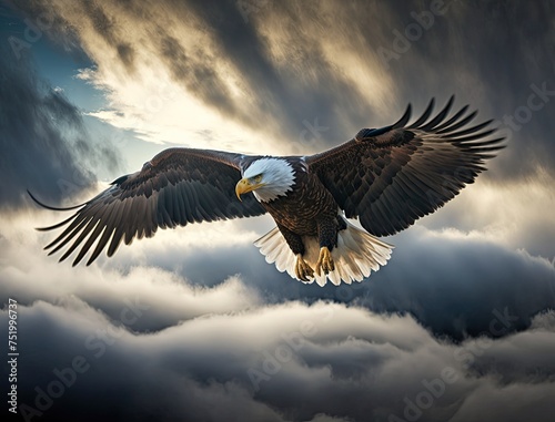 Bald eagle flying above the clouds