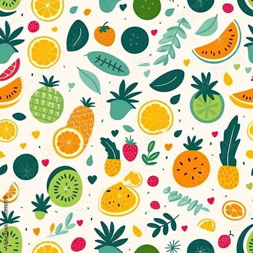 Minimalist graphic design of seamless pattern, summer tropical fruits.