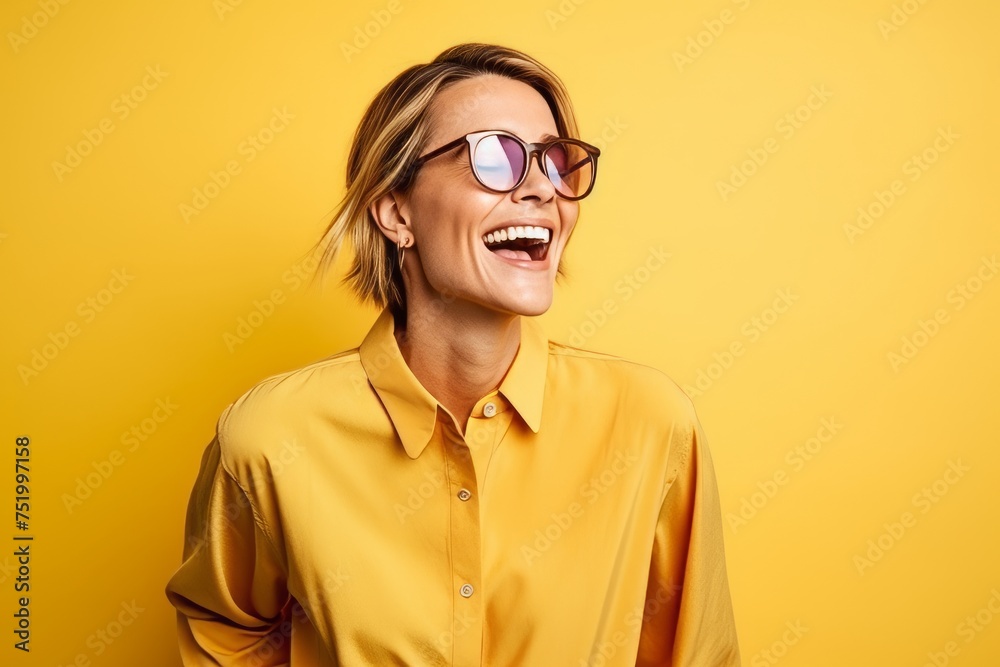 Portrait of a happy smiling young woman in sunglasses over yellow background Portrait of a happy smiling young woman in sunglasses over yellow background
