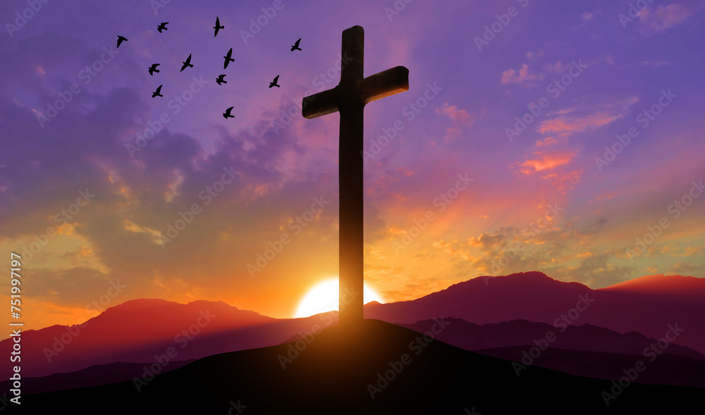 Crucifixion of Jesus Christ. Cross at sunset. 3d illustration - obrazy, fototapety, plakaty 