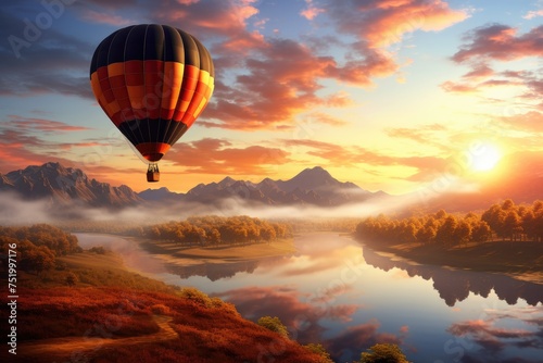 Romantic hot air balloon ride at sunrise. © OhmArt
