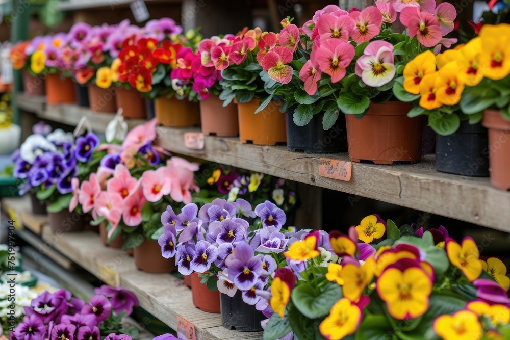 Many colorful blooming flowers in pots are displayed on shelf in floristic store or at street market. Spring planting.