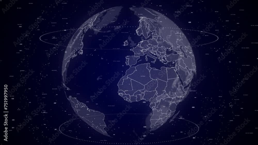 digital globe rotating, zooming in on Morocco country. Data analysis Technology Cinematic Globe rotating on Morocco Country data analysis background Energy particles around the Globe