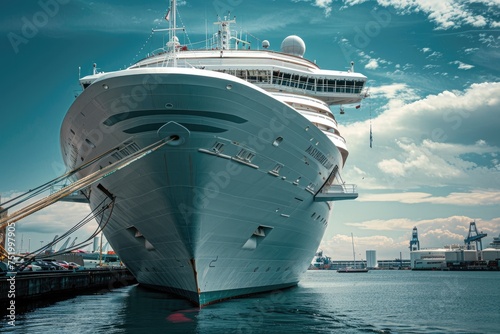 Large cruise ship docked in port close up. © kardaska