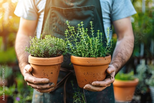 Two pots of fresh green herbs plants in man hand in a plant shop