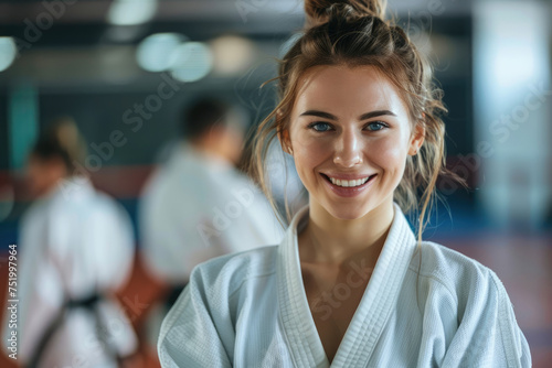 Happy girl at Judo or Karate training lesson