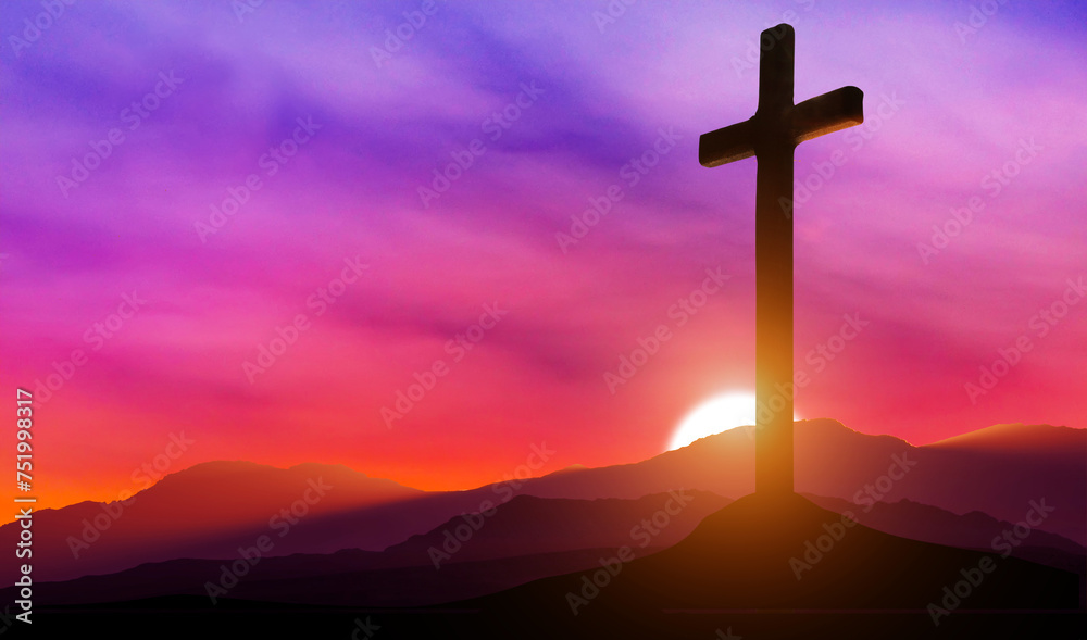 Crucifixion of Jesus Christ. Cross at sunset. 3d illustration - obrazy, fototapety, plakaty 