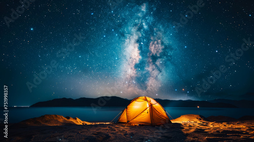 Illuminated tent under a starry sky on a tranquil beach with a galaxy view, embodying a serene outdoor adventure.