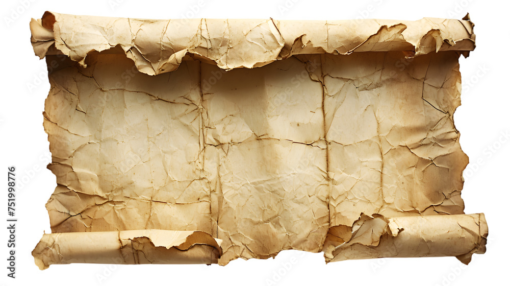 recycled crumpled old paper or parchment scrolls illustration or paper background for design isolated on transparent background