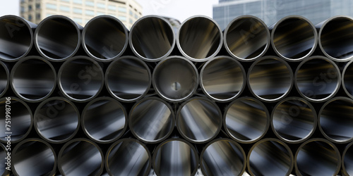 A large stack of new pipes lies on a construction site.
