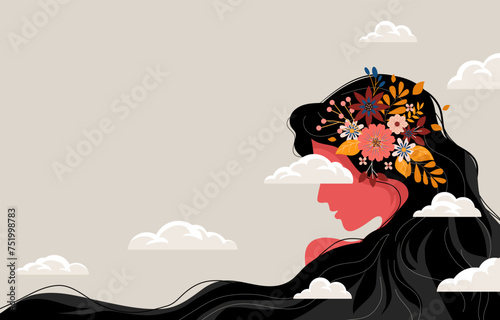 beautiful concept of a step into the unknown future the head of a girl in the clouds. vector illustration