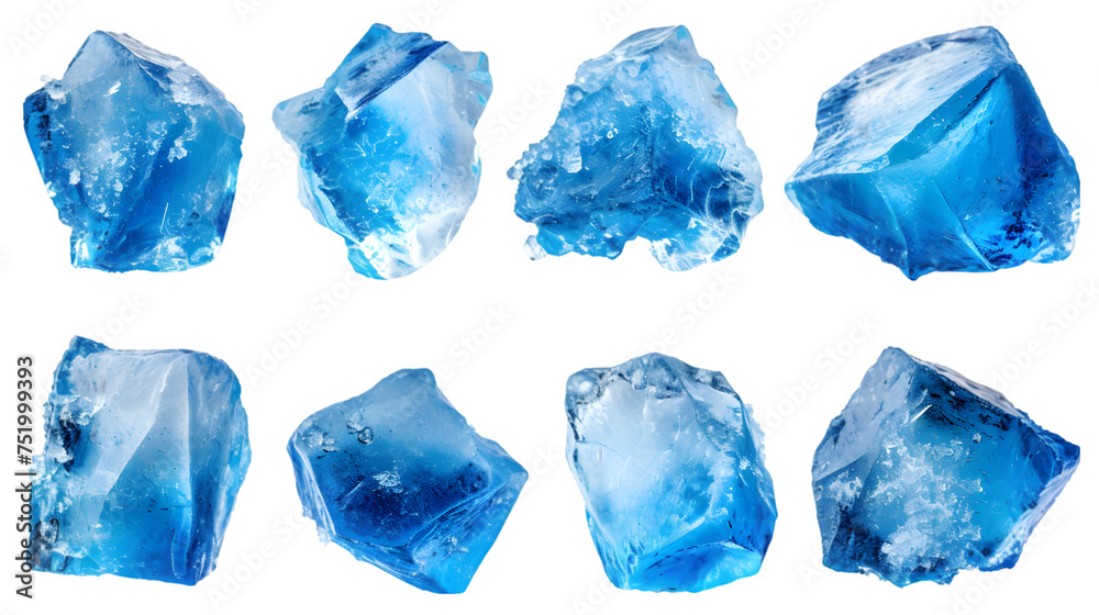 Set of pieces of pure blue natural crushed ice. Ice cubes isolated on transparent background