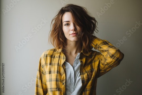 Portrait of a beautiful girl with long hair in a plaid shirt