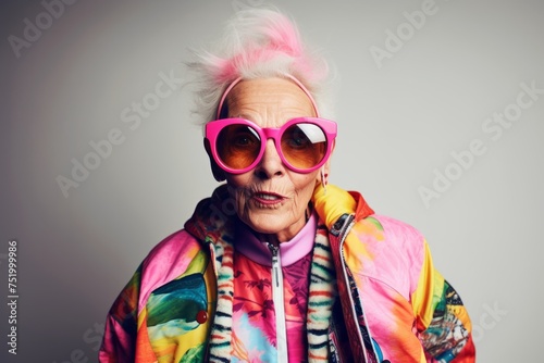 Fashionable senior woman with pink hair and sunglasses on gray background.