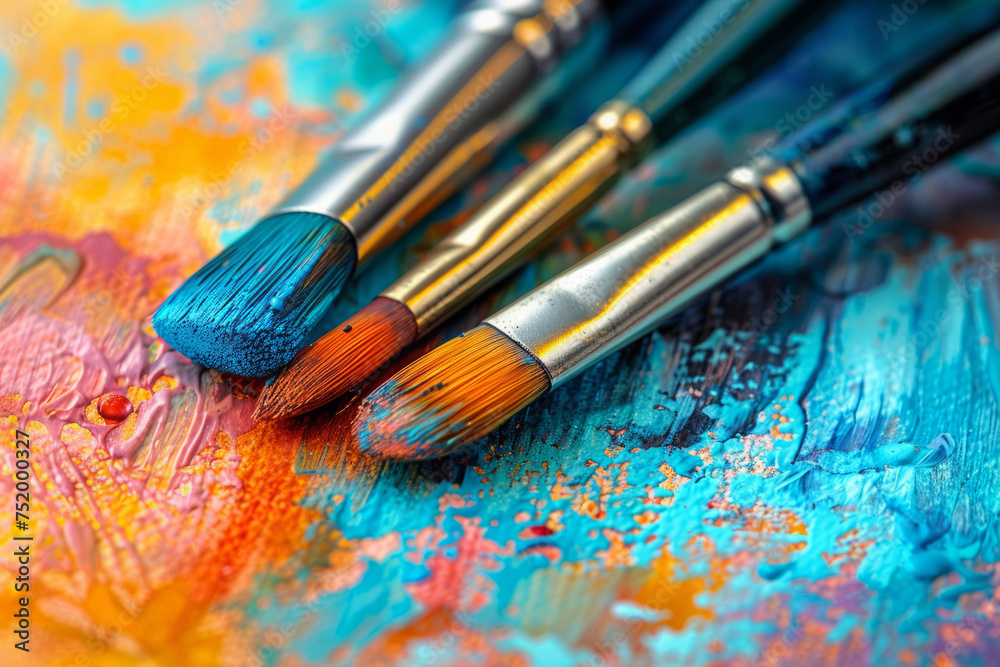 Obraz premium Vibrant close-up of paint brushes with fresh paint on a multicolored artist's palette, representing creativity and artistry.