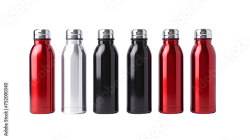 White, Black, Red and Silver Empty Glossy Metal Thermos Water Bottle isolated on transparent background
