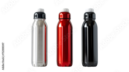 White, Black, Red and Silver Empty Glossy Metal Thermos Water Bottle isolated on transparent background