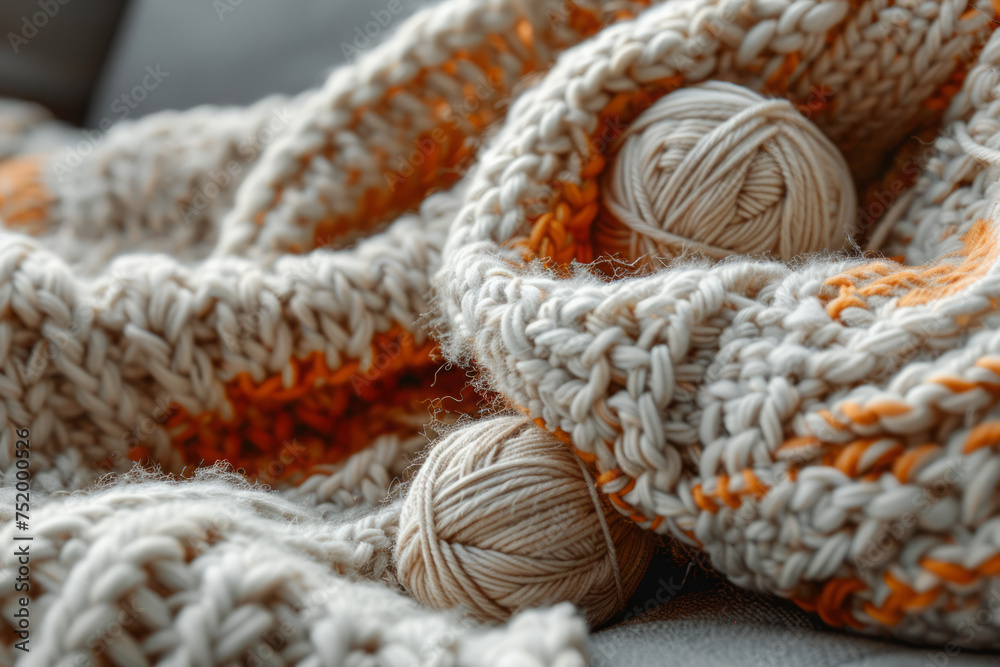 Close-up of a cozy hand-knitted woolen blanket in beige and orange, with balls of yarn nestled within its folds.