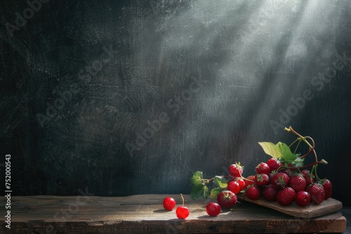 Red grapes on rustic moody textured background still life. photo