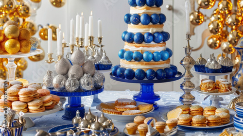 Adorned with blue and gold accents a festive Hanukkah table features a tall tiered menorah cake blue and silver macarons and a selection of flad syrups for custom sufganiyot