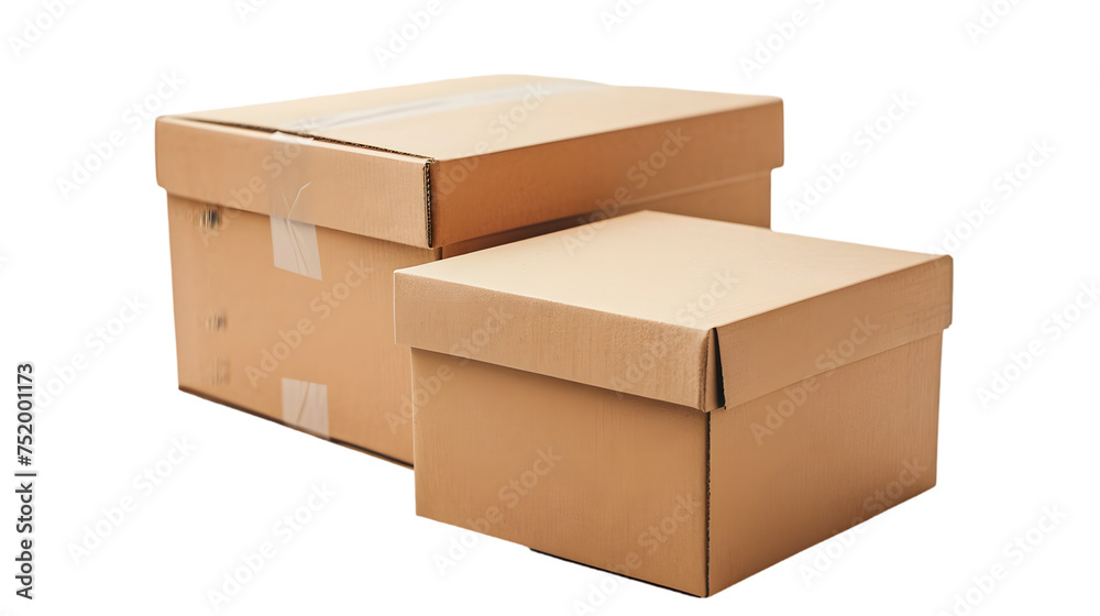 two closed cardboard boxes isolated on transparent background
