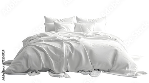 White bed isolated, white bed linen isolated, bed with pillows and duvet isolated on transparent background photo