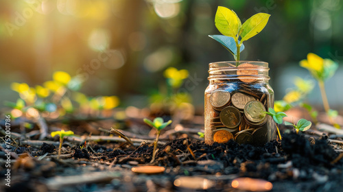 A young plant sprouting from a jar of coins on fertile soil, symbolizing investment, growth, and financial planning.