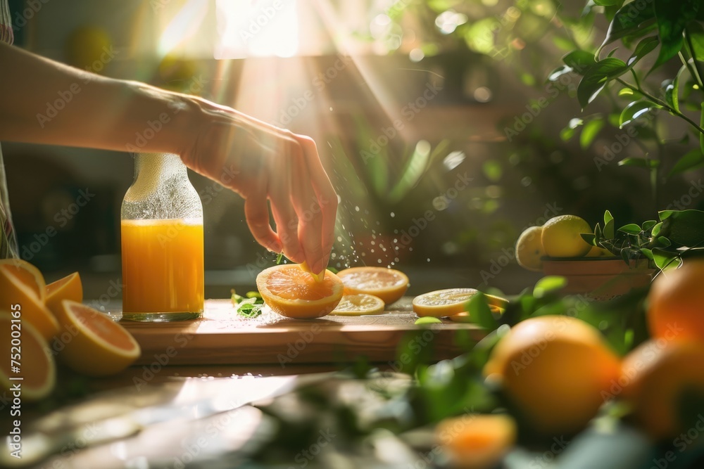 Hand preparing orange juice on kitchen background.