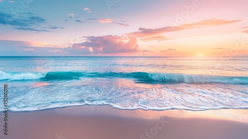 Pristine beach landscape at sunset with calm waves and a serene sky reflecting tranquil colors