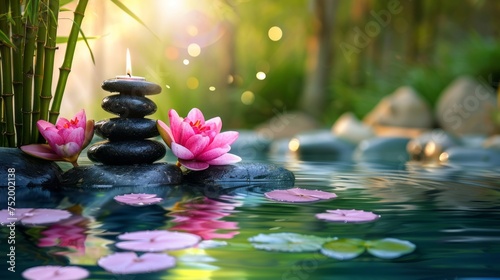 Tranquil spa setting with natural massage stones and water lilies, evoking a zen-like ambiance
