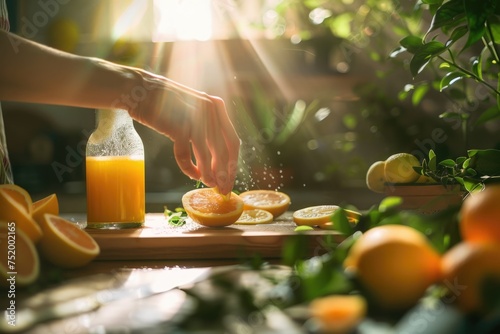 Hand preparing orange juice on kitchen background.
