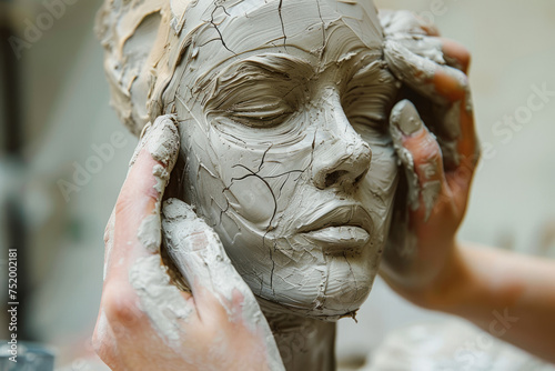 Detailed image capturing a sculptor's hands skillfully shaping a realistic face from wet clay, highlighting the art of sculpture.