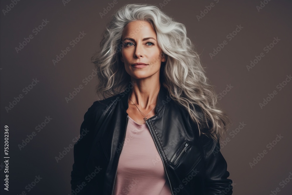 Portrait of a beautiful mature woman in a leather jacket. Beauty, fashion.