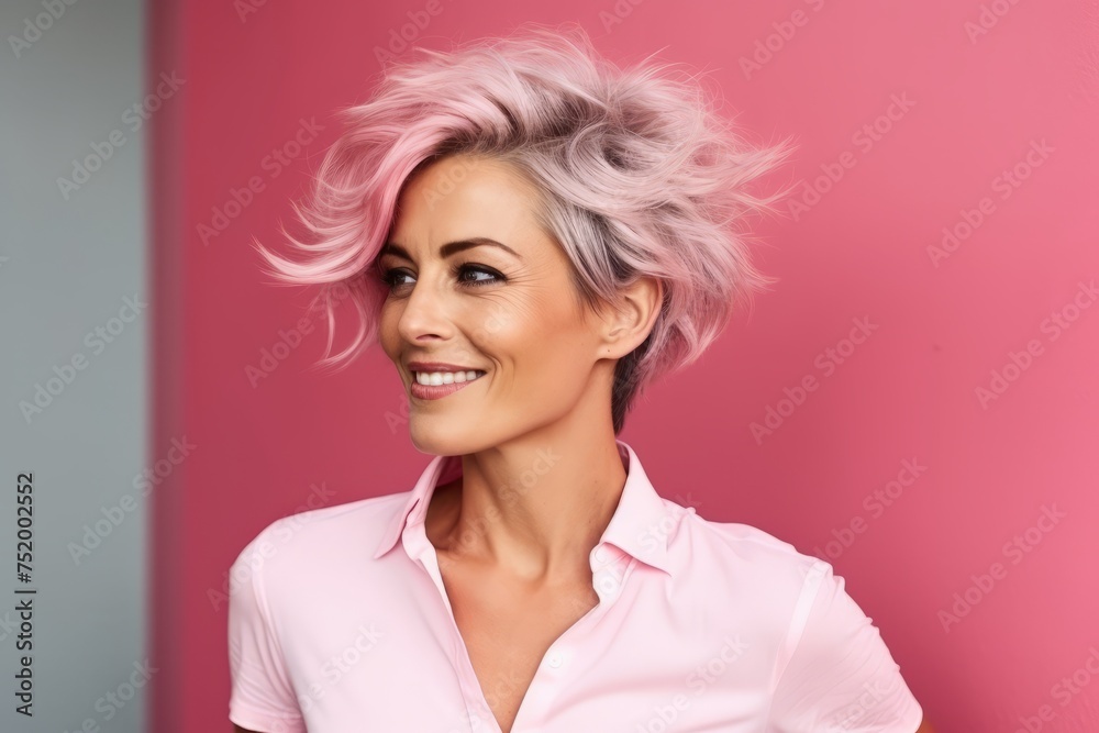 Portrait of a beautiful woman with pink hair on a pink background Portrait of a beautiful woman with pink hair on a pink background