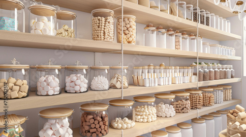 A section of the store dedicated to gourmet sweets with shelves lined with jars of homemade marshmallows candied nuts and classic chocolatecovered graham crackers. photo