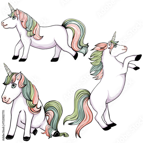 Collection of majestic unicorns, mini horse, pony isolated, sitting, running, standing