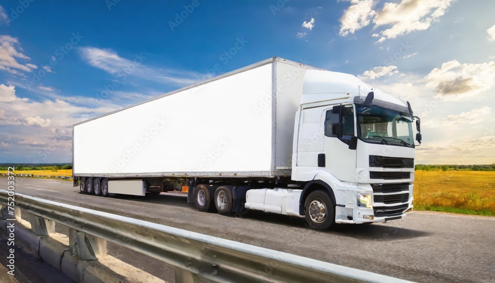 a white cargo truck with a white blank empty trailer for ad on a highway road in the united states. beautiful nature mountains and sky. golden hour sunset. driving in motion. 