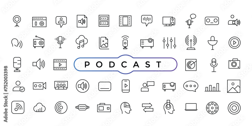 Podcast and education set of web icons in line style. Learning icons for web and mobile app. E-learning, video tutorial, knowledge, study, school