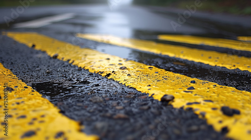 Wet road with bright yellow line markings.