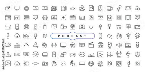 Podcast and education set of web icons in line style. Learning icons for web and mobile app. E-learning, video tutorial, knowledge, study, school