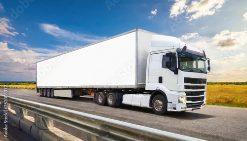 a white cargo truck with a white blank empty trailer for ad on a highway road in the united states. beautiful nature mountains and sky. golden hour sunset. driving in motion. 