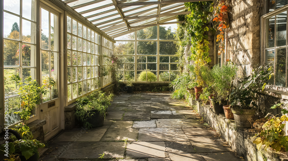 Fototapeta premium Sunlit greenhouse with lush plants inside.
