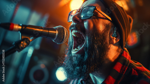 Bearded singer passionately performing live.