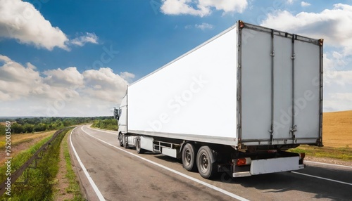 a white cargo truck with a white blank empty trailer for ad on a highway road in the united states. beautiful nature mountains and sky. golden hour sunset. driving in motion. 
