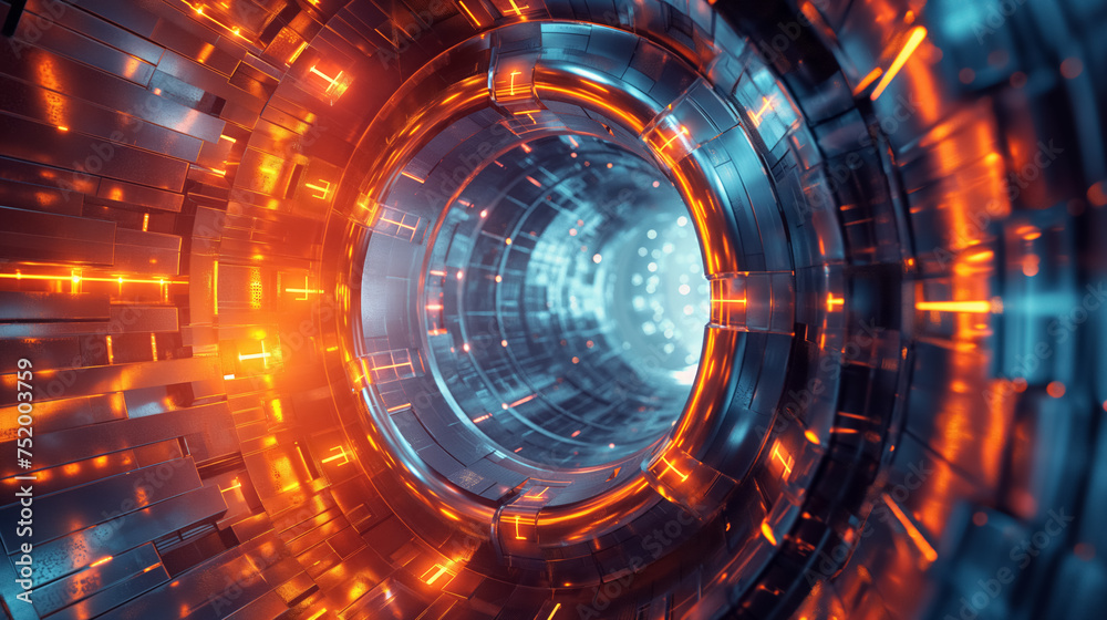 Fototapeta premium Futuristic tunnel with orange and blue lights.