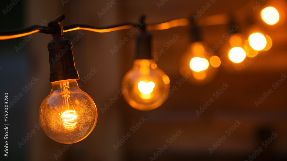 Hanging lightbulbs glowing warmly at dusk. Hanging lightbulbs glowing warmly at dusk.