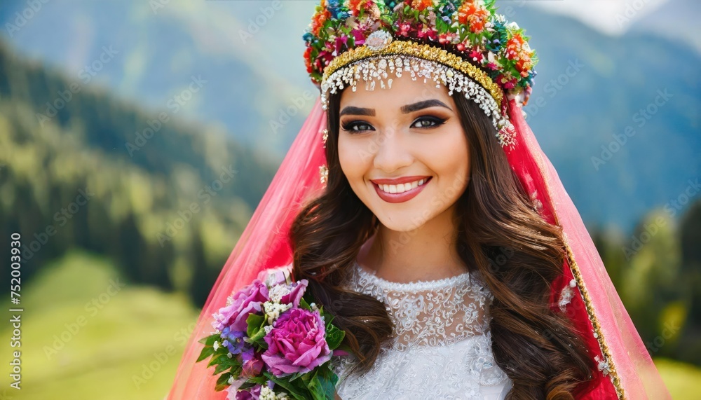 A woman wearing a vibrant headdress and adorned with jewelry. Portrait of a Kazakh bride. 