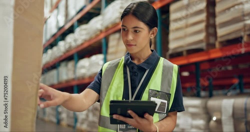 Woman, supply chain and inventory inspection with tablet for logistics, shipping or storage management at warehouse. Female person or depot inspector with technology for stock count or checklist photo