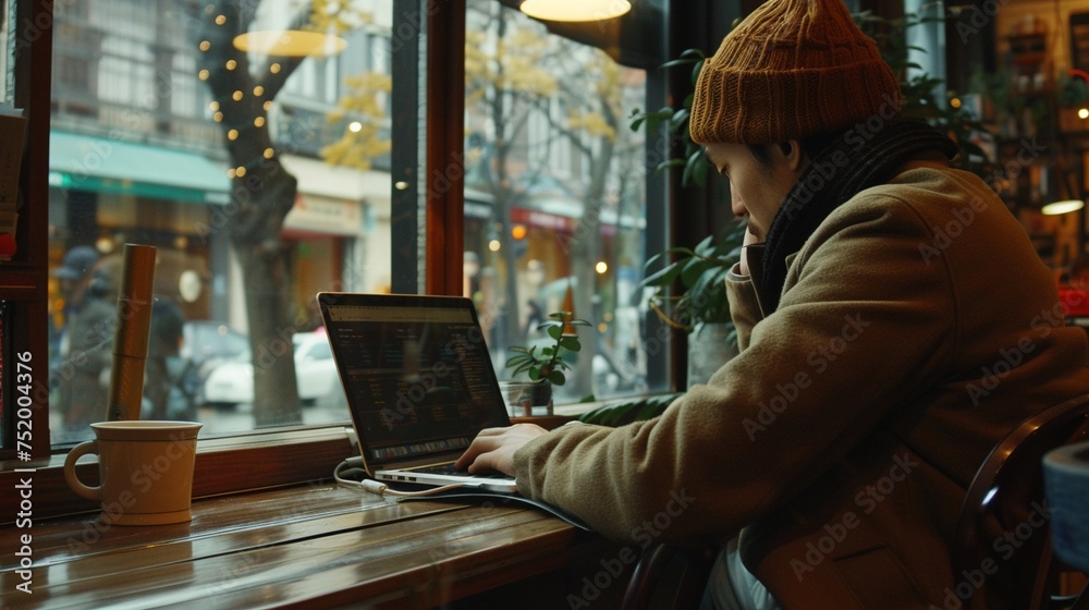 Creative professional typing on a laptop in a cozy coffee shop corner blending technology and comfort Creative professional typing on a laptop in a cozy coffee shop corner blending technology and comfort